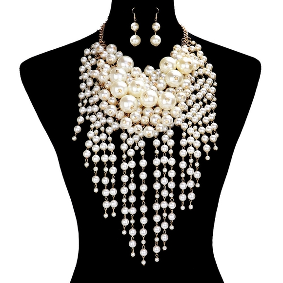 Cream Pearl Waterfall Fringe Necklace Set Dangle Chunky Statement Cluster Bib - Picture 1 of 3